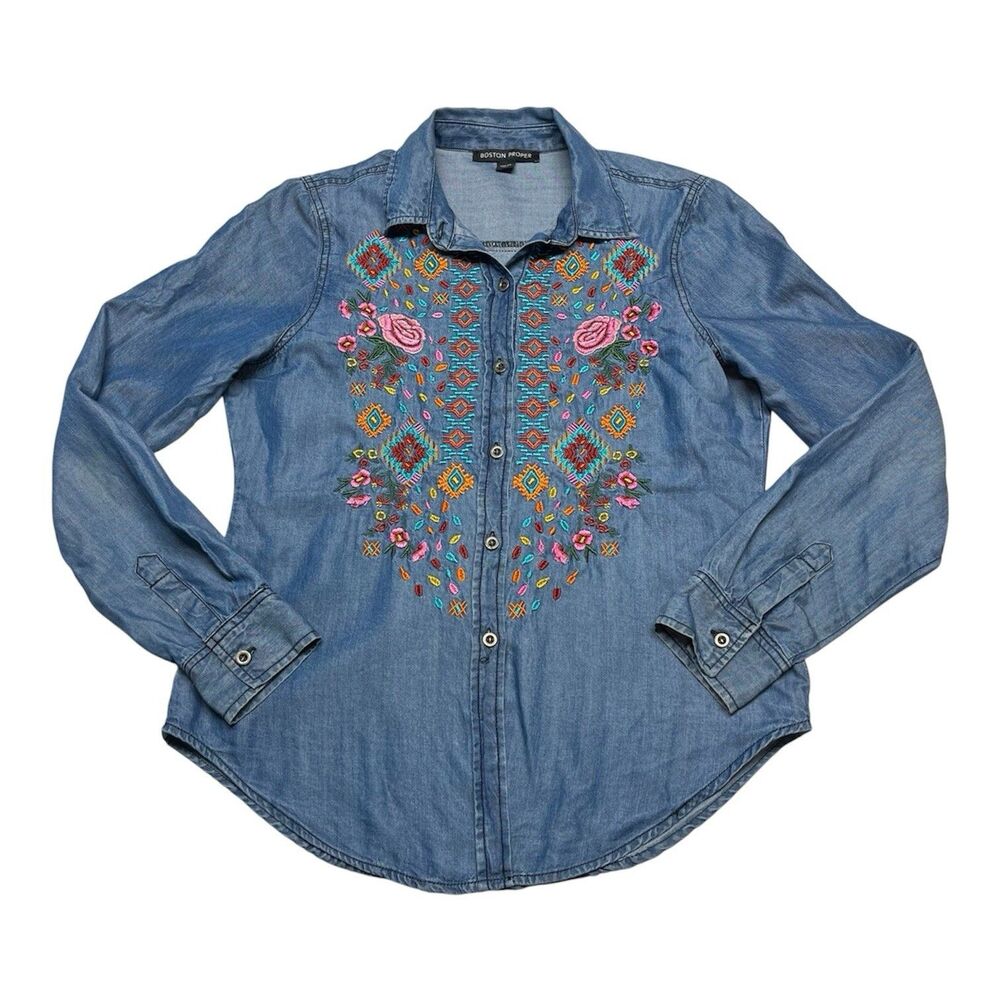Chambray Shirt Embroidered Denim Tencel Boho Western